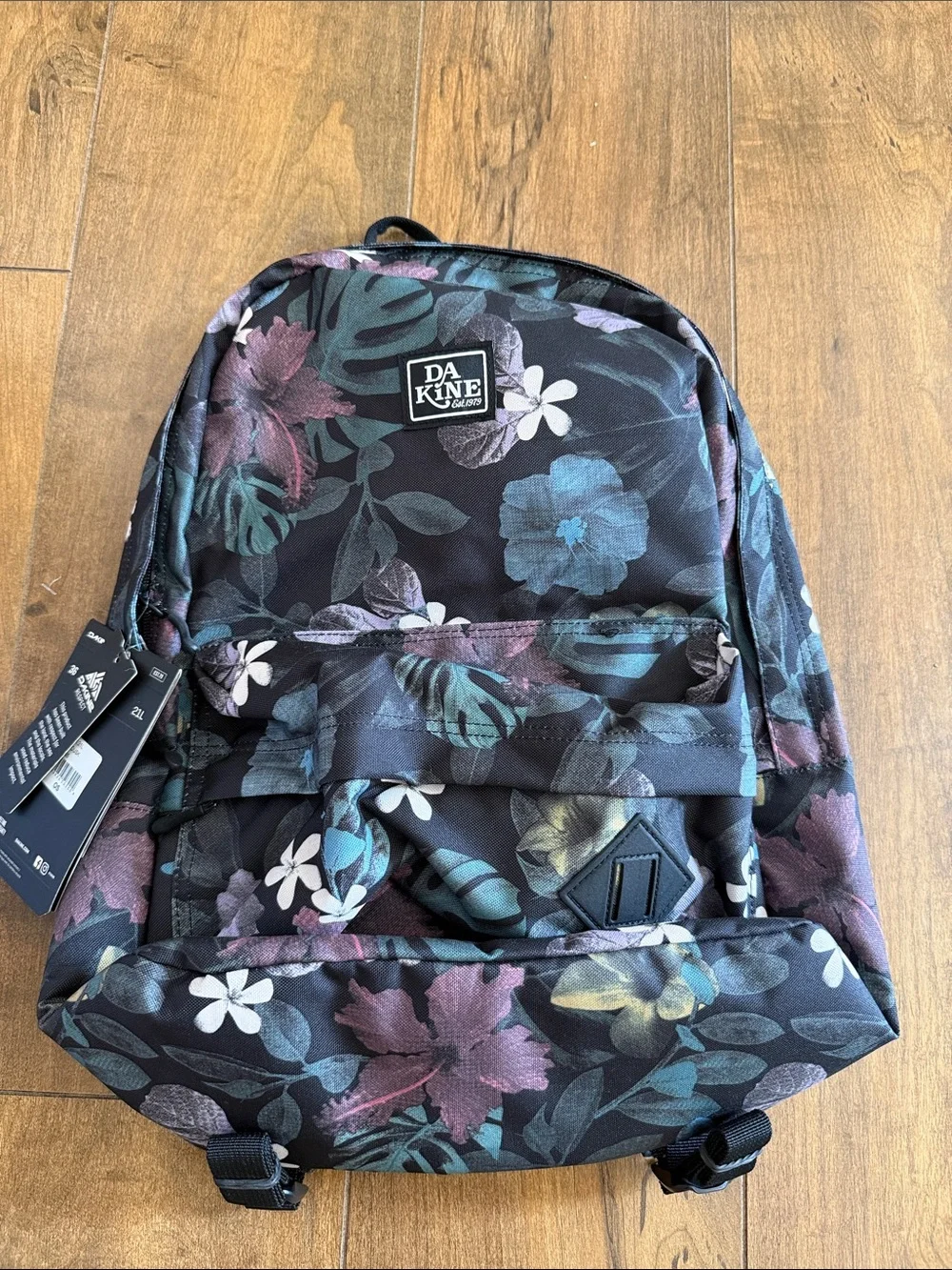 Dakine Black Floral Backpack with Teal, Mauve & White Accents - Picture 1 of 6